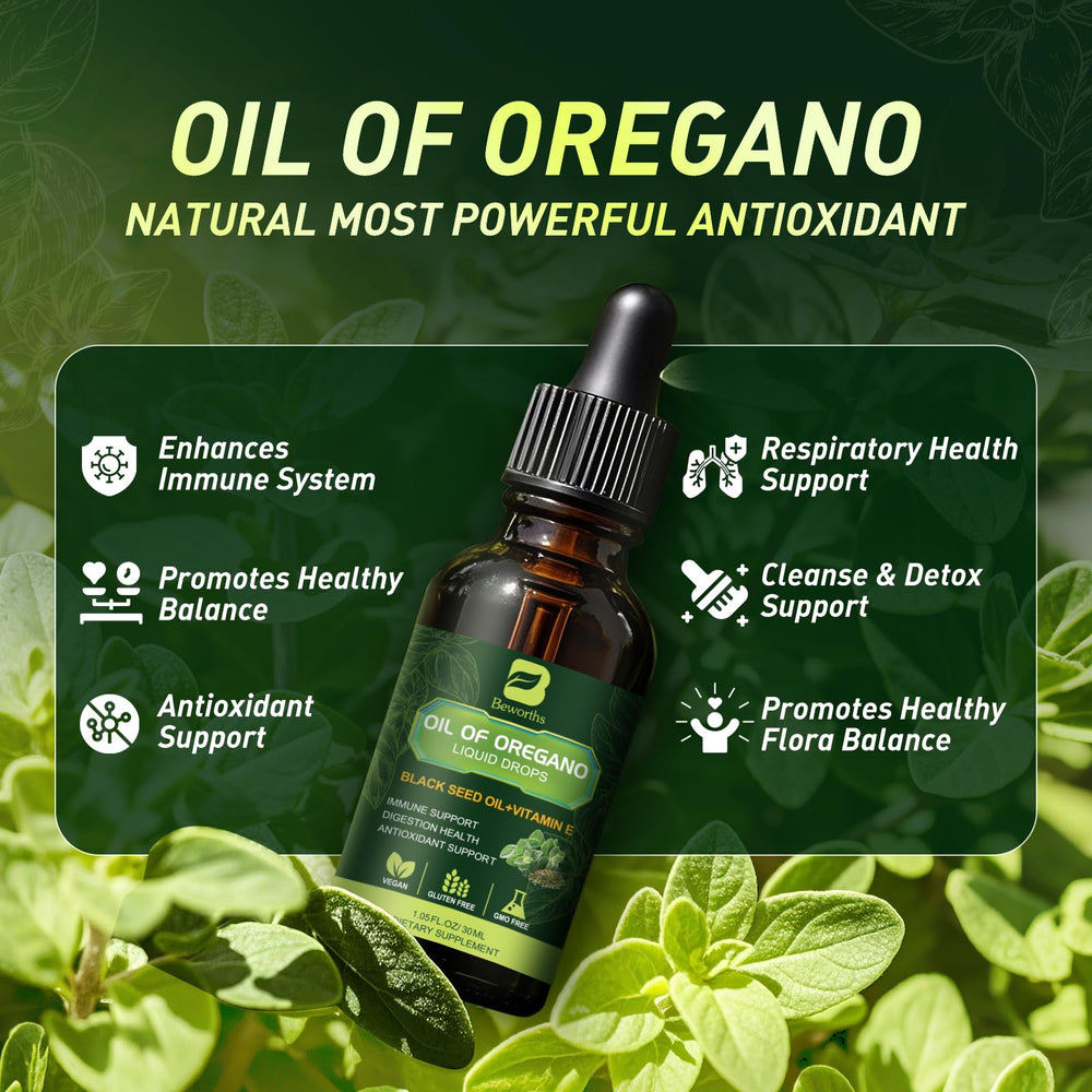 Collage of oregano oil, black seed oil, and vitamin E capsules