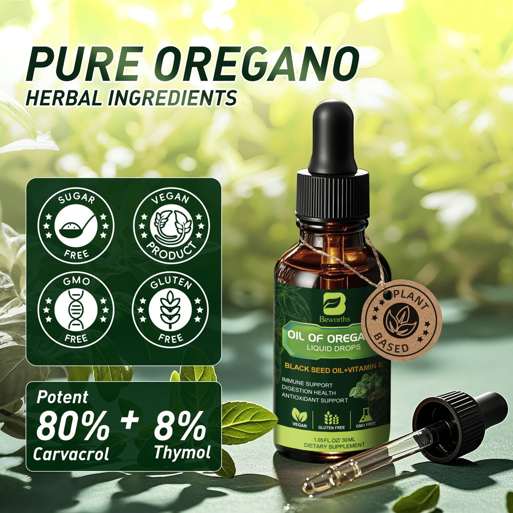1 fl oz bottle of oregano oil drops on a neutral background