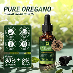 1 fl oz bottle of oregano oil drops on a neutral background