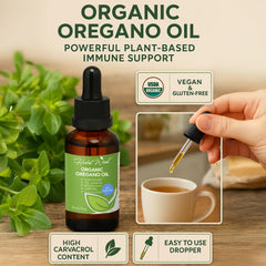 Dropper showing oregano oil with carvacrol content