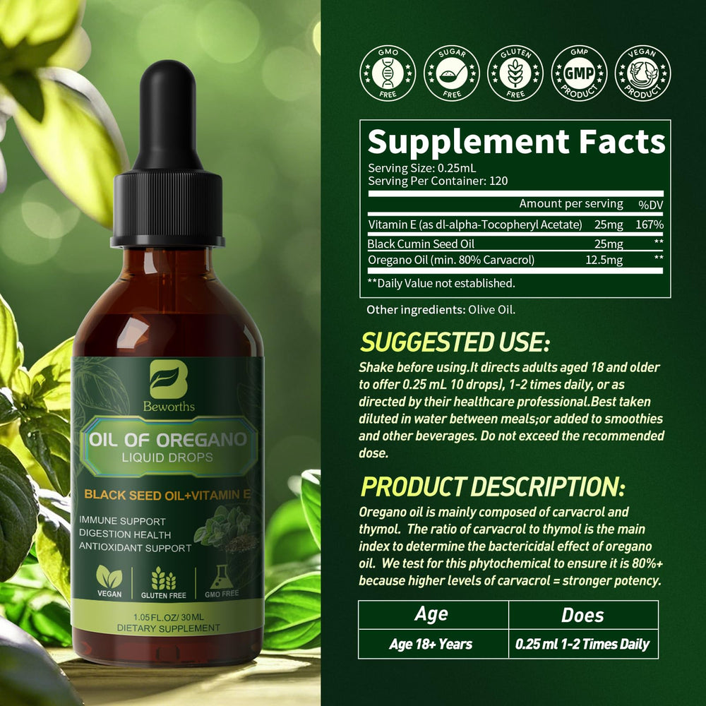 Lifestyle image of oregano oil drops on a kitchen counter