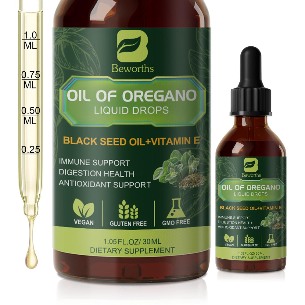 Non-GMO and vegan certification badges beside oregano oil drops