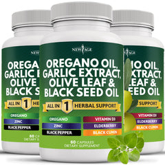 NEW AGE Oregano Oil Garlic Extract Olive Leaf with Astragalus bottle label