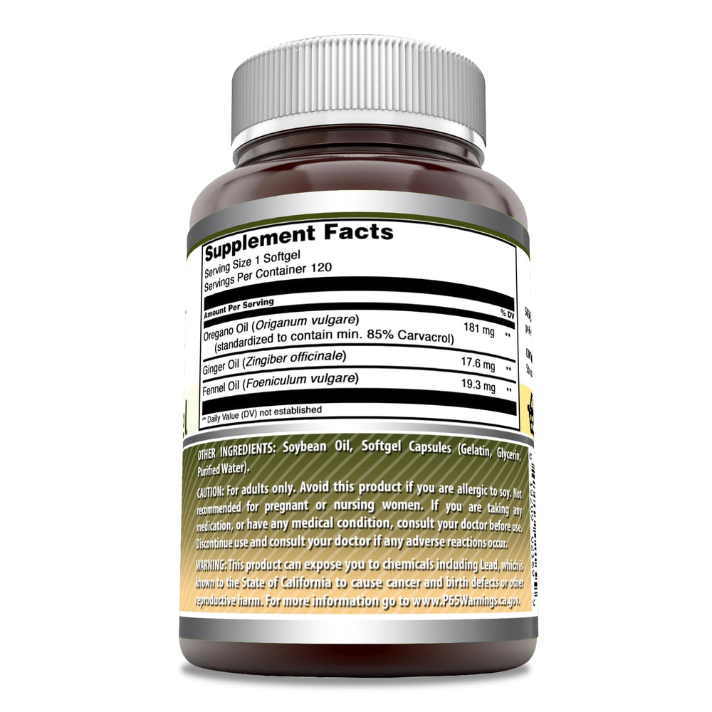 Product bottle label showing oregano oil standardized 85% with ginger and fennel