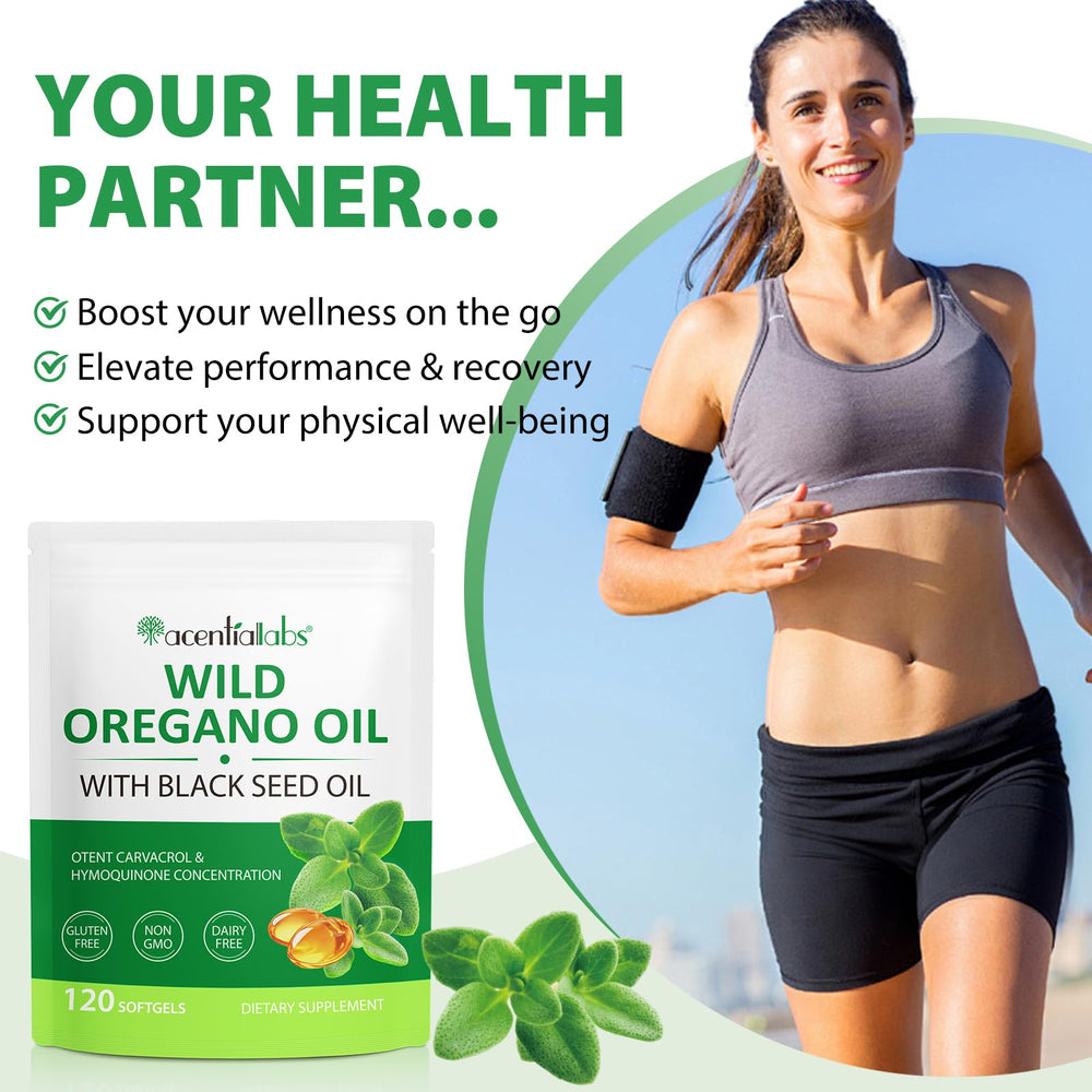 Label showing 6,000 mg oregano oil and 200 mg black seed oil per serving