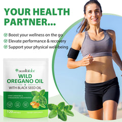 Label showing 6,000 mg oregano oil and 200 mg black seed oil per serving