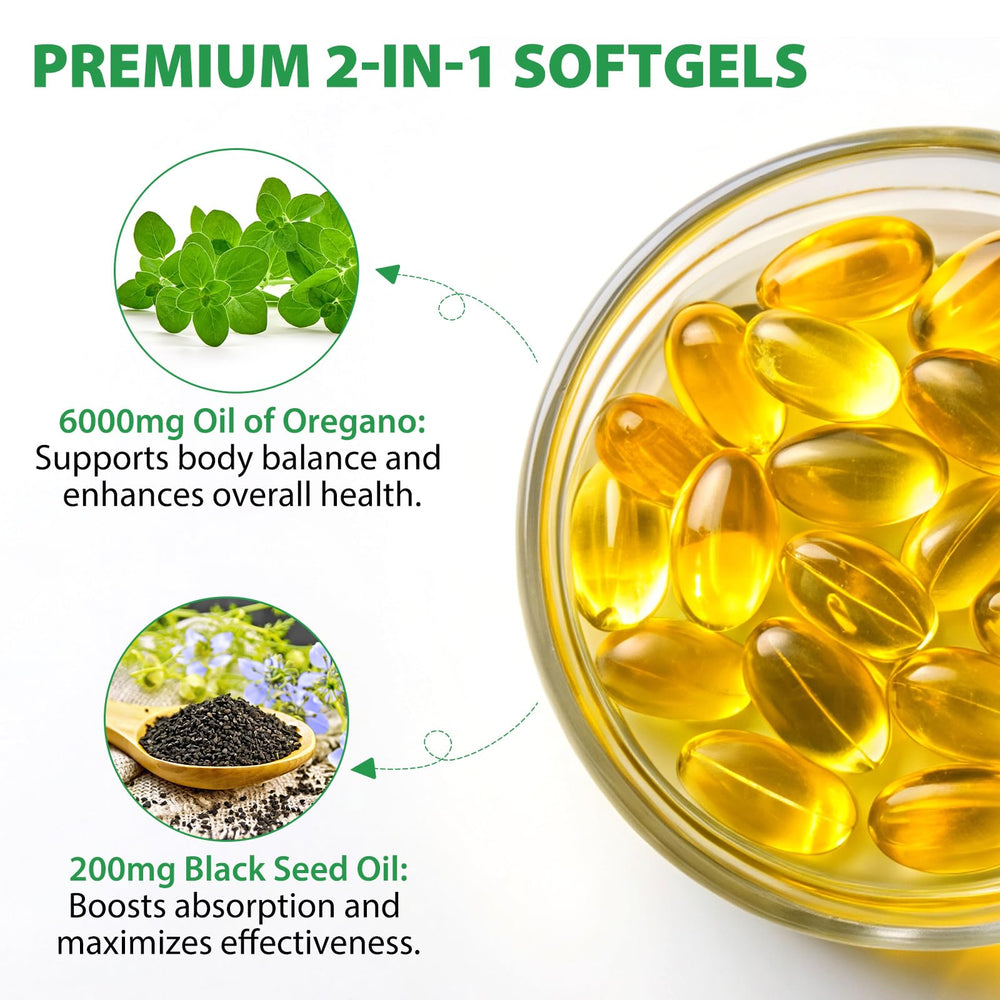 Front view of oregano oil softgels bottle