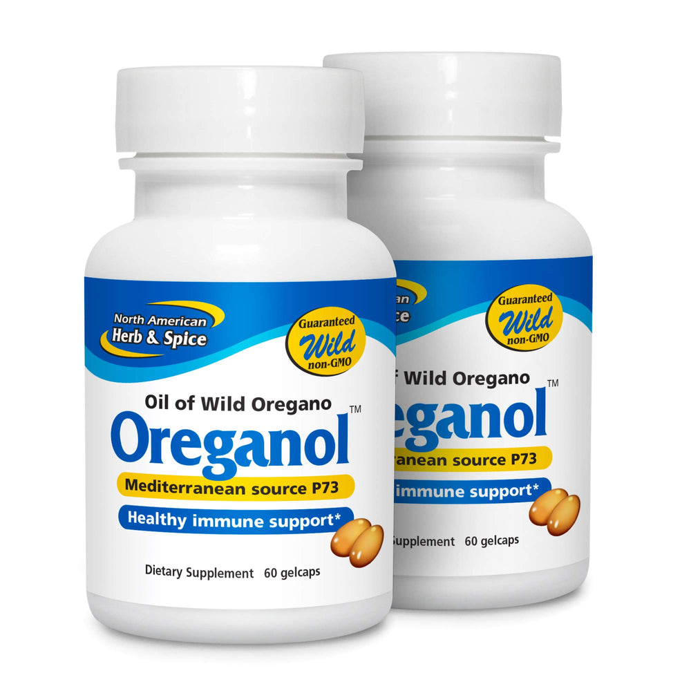 Two 60-count bottles of Oreganol dietary supplement capsules by North American Herb and Spice