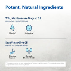 Ingredient list showing wild oregano oil and organic extra virgin olive oil