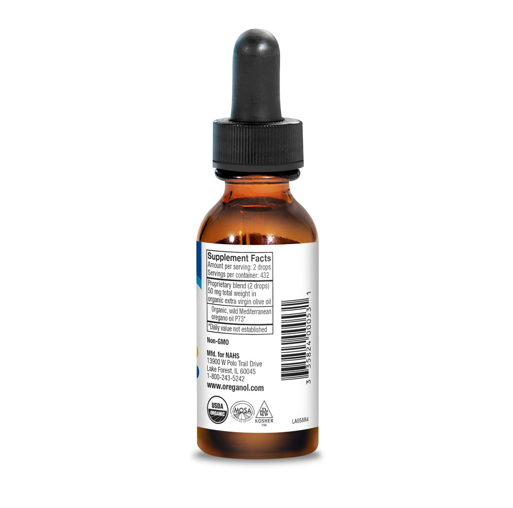 Close-up of Oreganol P73 bottle with dropper