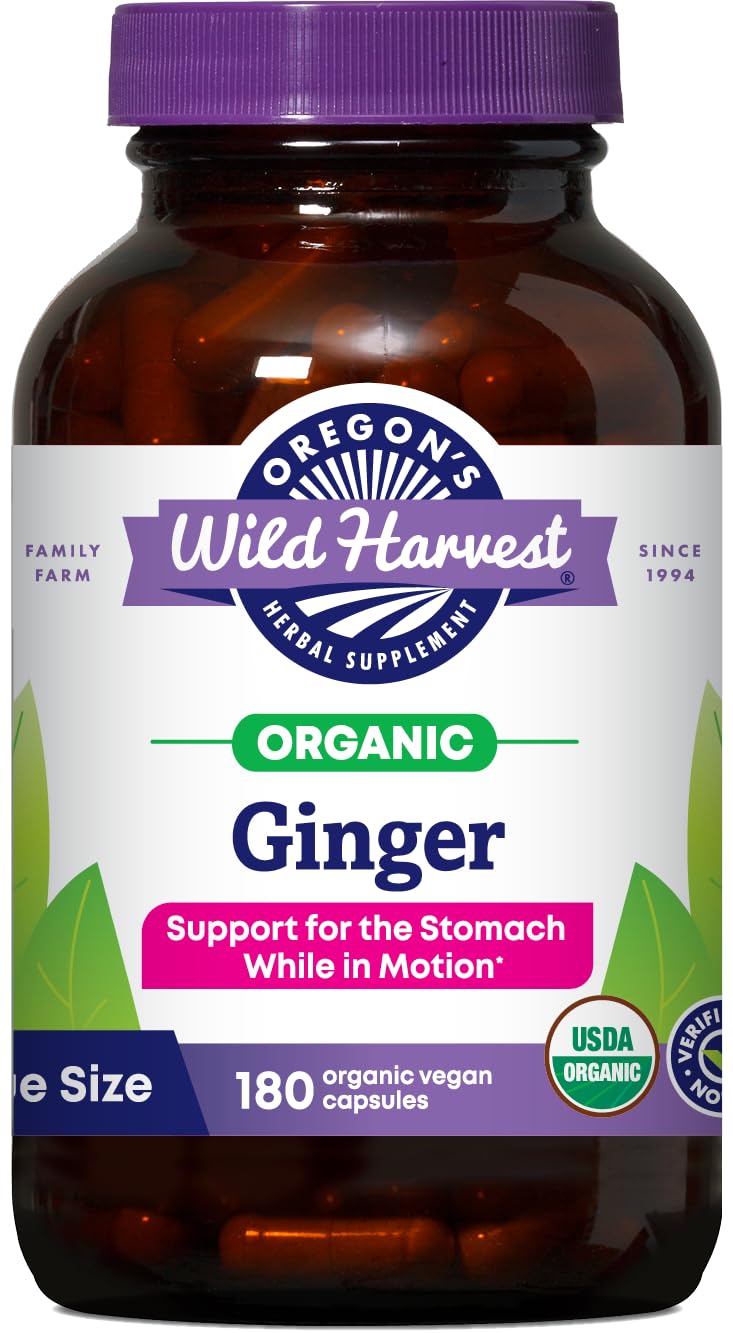 Bottle of Oregon's Wild Harvest Ginger stomach support vegan capsules