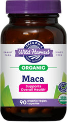 Bottle of Oregon's Wild Harvest Maca Root capsules on wooden surface