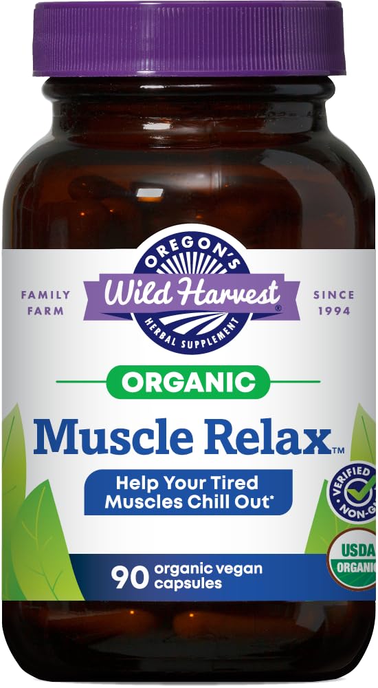 Front view of Oregon's Wild Harvest Muscle Relax organic vegan capsules bottle