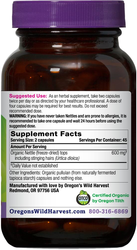 Close-up of 600 mg certified organic nettle capsules