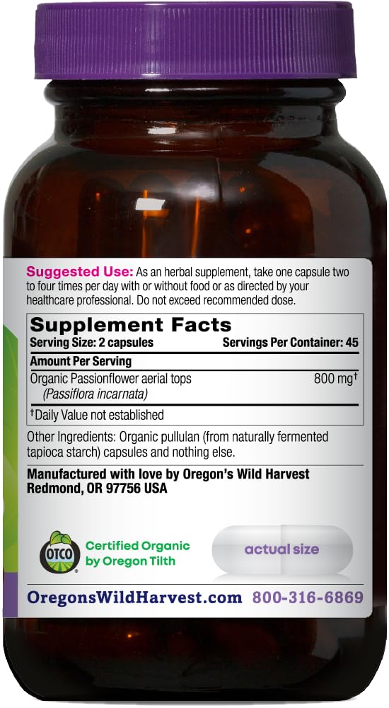 Close-up of Passion Flower capsules and bottle label