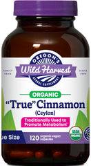 Bottle of Oregon's Wild Harvest Organic True Cinnamon Ceylon vegan capsules, 120-count