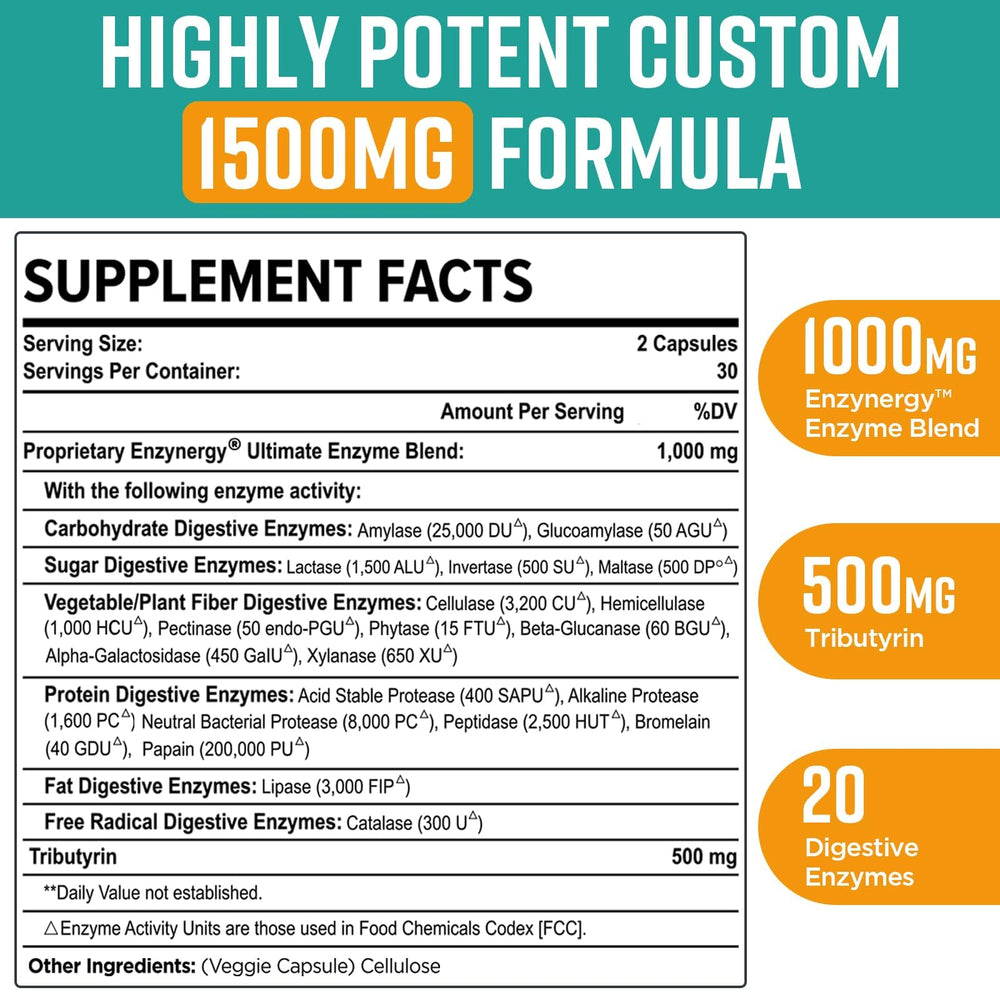 Close-up of Orgabay 20-enzyme blend breaking down carbohydrates, sugars, plant fibers, proteins and fats