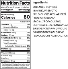 Unflavored Orgain Collagen + Superfoods powder in scoop beside 25.6 oz container