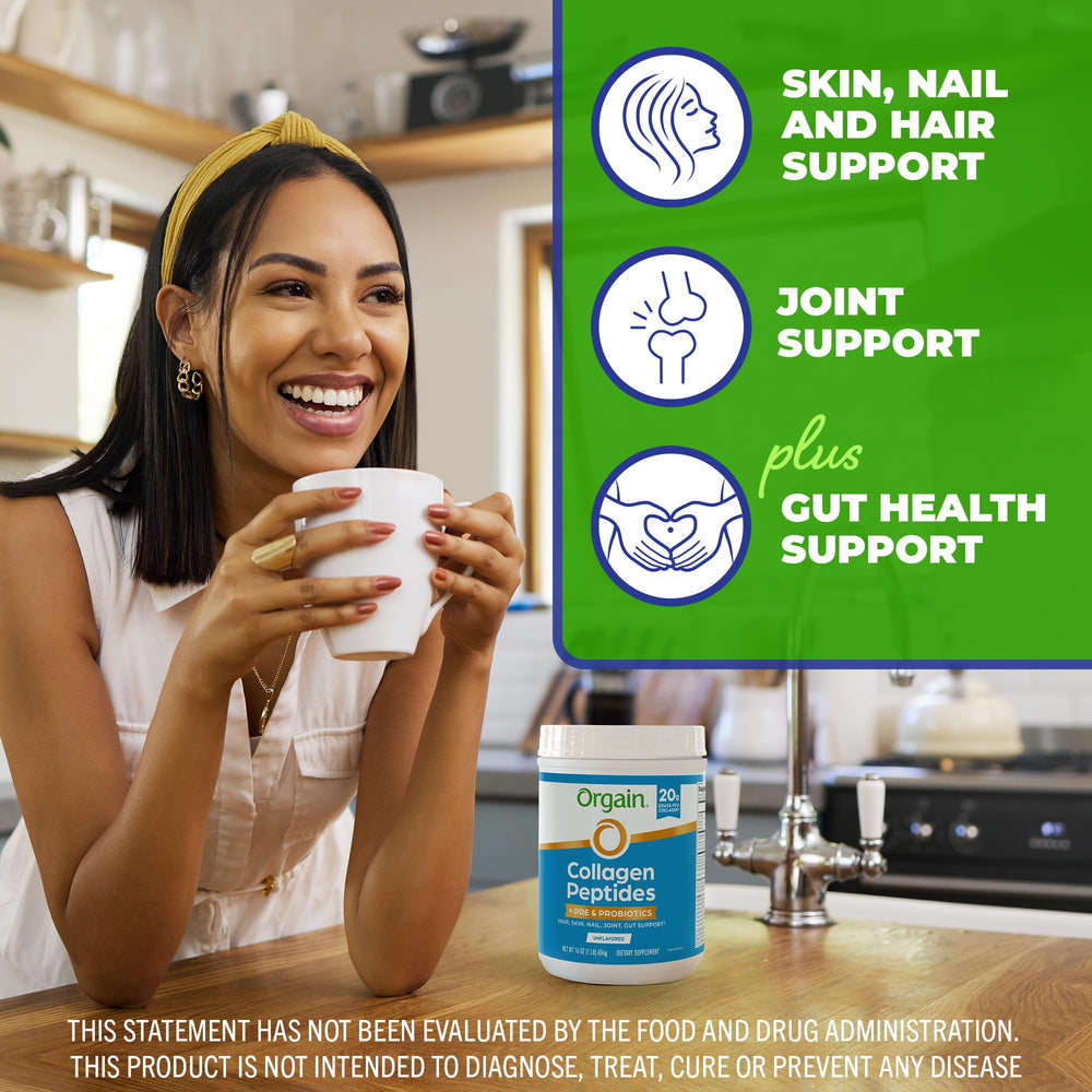 Orgain prebiotic probiotic blend jar with spoon for gut-friendly routines