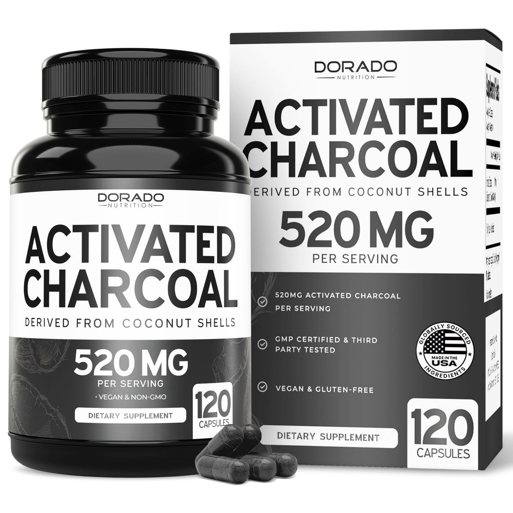 Bottle of Organic Activated Charcoal Pills (120 Capsules) with 520mg per serving