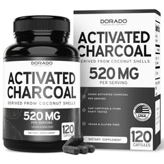 Bottle of Organic Activated Charcoal Pills (120 Capsules) with 520mg per serving