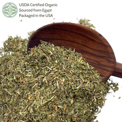 Close-up of loose-cut alfalfa leaf tea leaves
