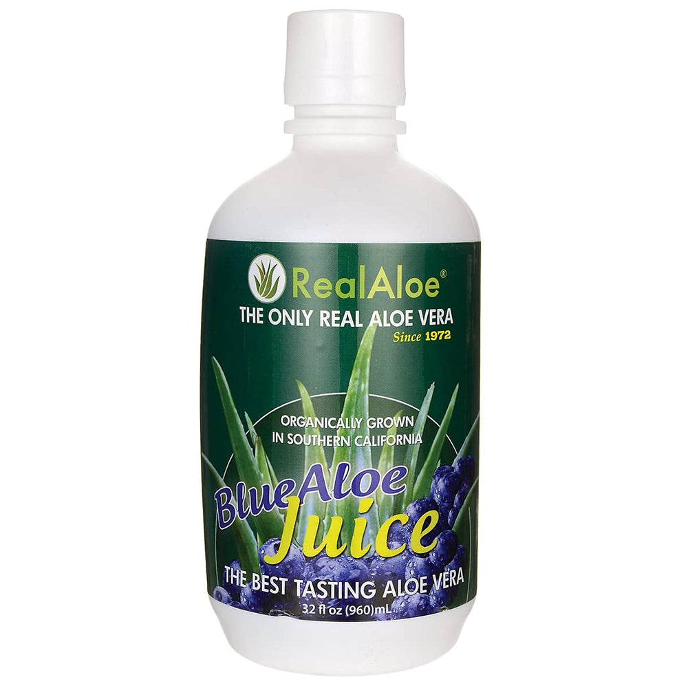 Front view of Organic Aloe Vera Juice BlueAloe 32 fl oz bottle, California grown
