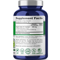 Organic Amla 10:1 extract capsules showing 6,000 mg equivalent