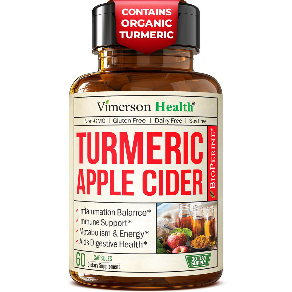 Bottle of Organic Apple Cider Vinegar with Turmeric and Ginger capsules