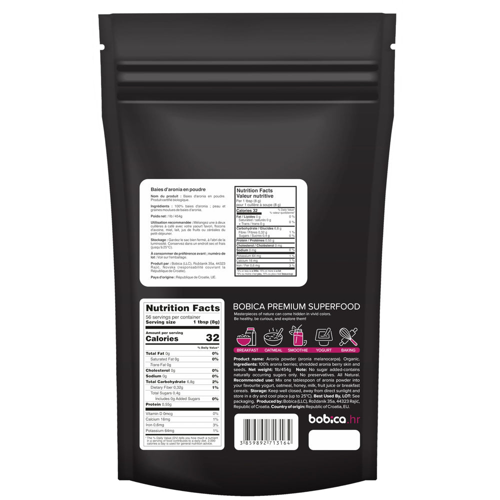 Back label of Organic Aronia Berry Powder 1lb