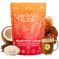 Organic Bless Mushroom Coffee Powder – Lion’s Mane, Reishi & Cordyceps blend in a resealable pouch