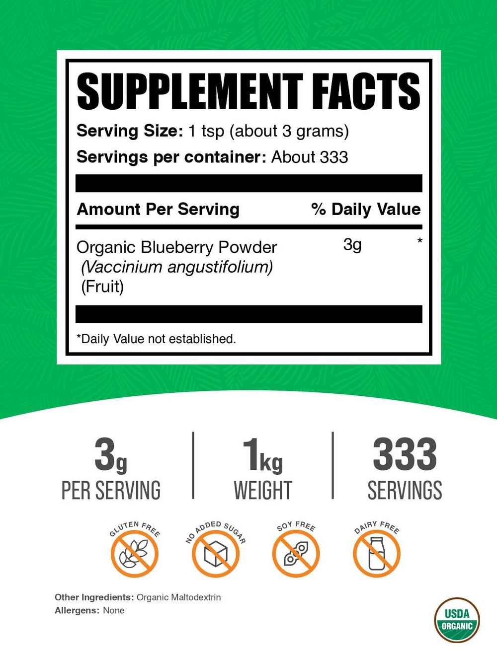 Organic Blueberry Powder ingredients and purity