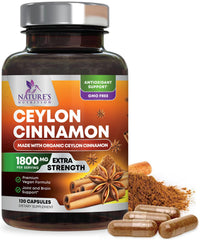 Front view of Organic Ceylon Cinnamon 1800mg bottle with 120 capsules