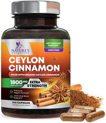Bottle of Organic Ceylon Cinnamon Supplement 1800mg 240 capsules on shelf