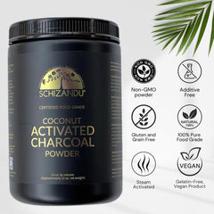 Close-up of activated charcoal powder from coconut shells