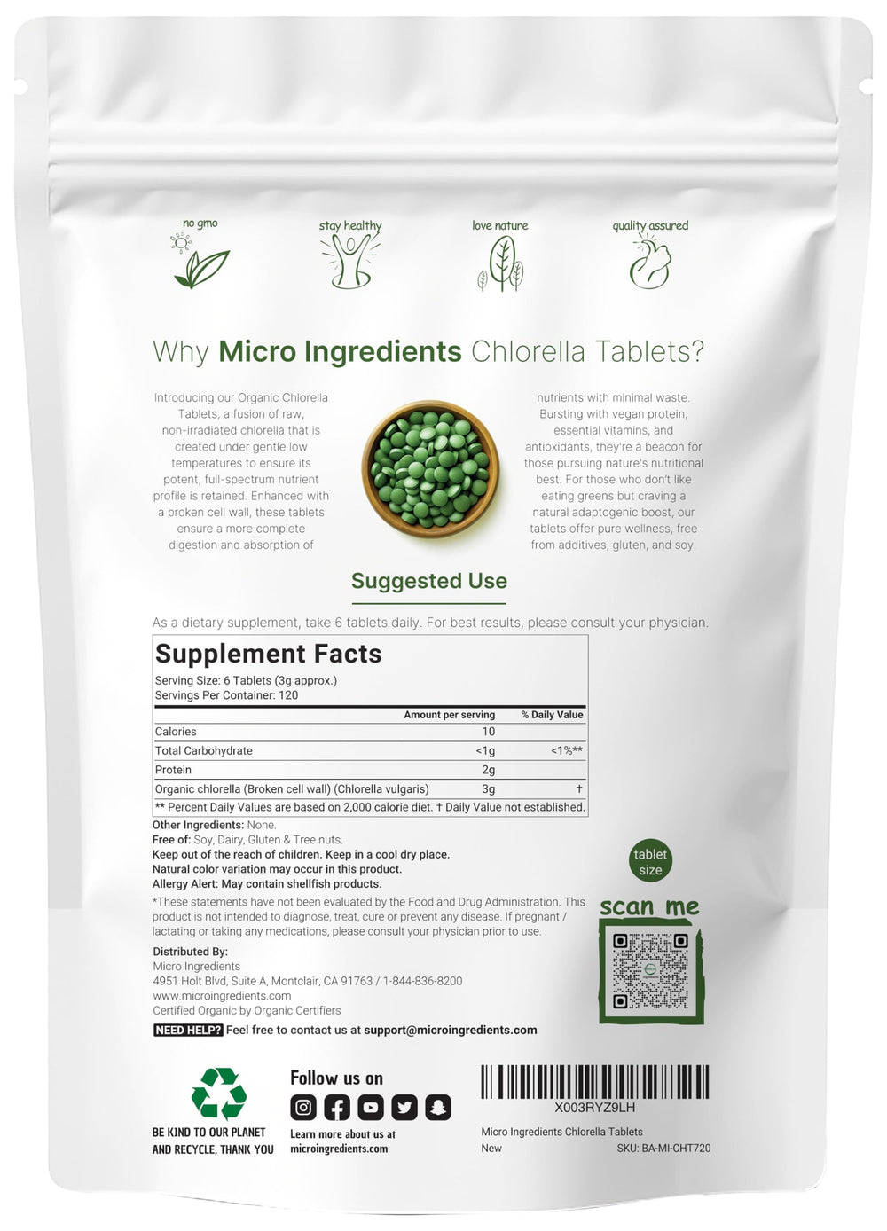 Back label details of Organic Chlorella Tablets