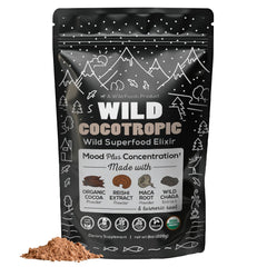 Front view of Organic Cocotropic Mushroom Hot Chocolate Mix 8 oz packaging