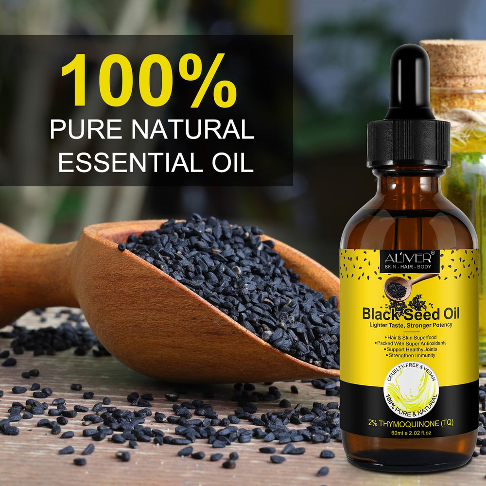 Organic cold-pressed black seed oil in 60ml bottle