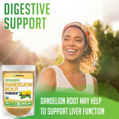 Organic dandelion root powder in a tea setup
