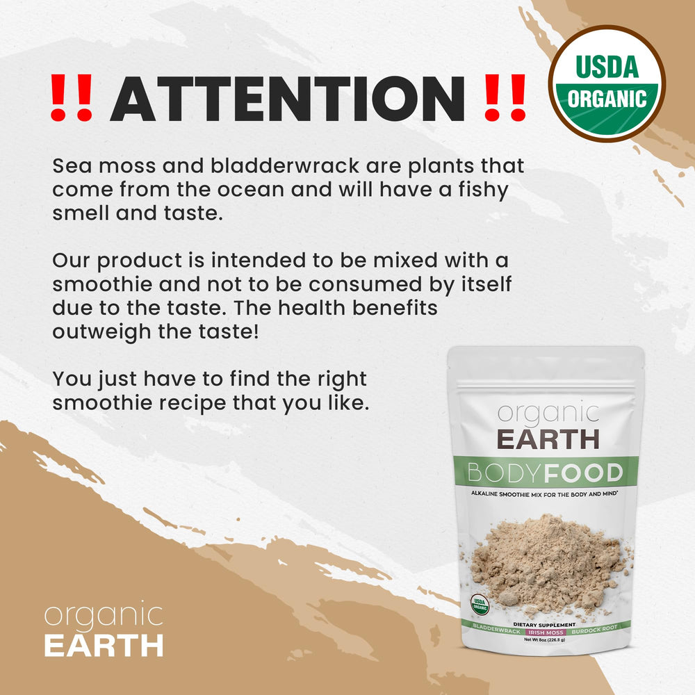 Close-up of Organic Earth Sea Moss Powder packaging showing USDA Organic seal