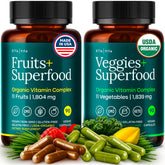 Front view of the 180-capsule bottle labeled 100% Organic Fruits and Veggies Supplement