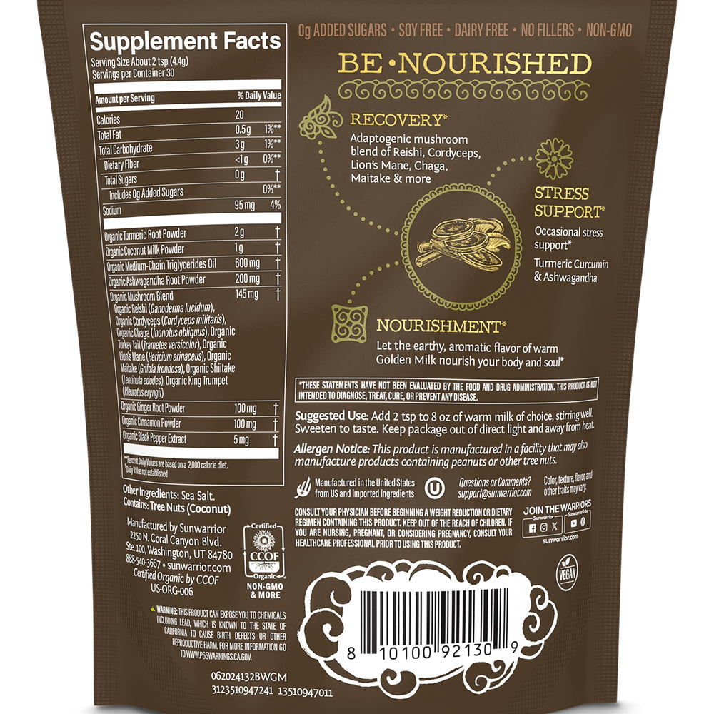 Close-up of powder blend showing turmeric and mushrooms