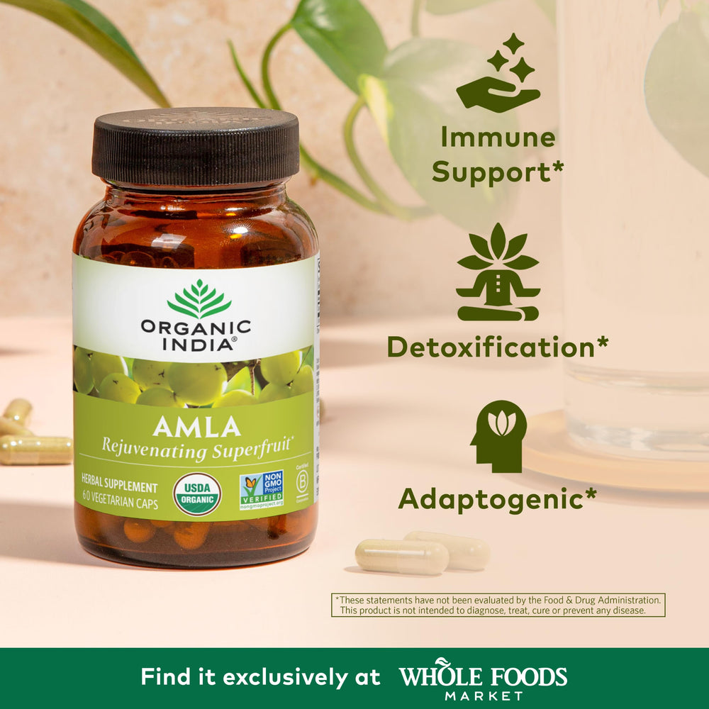 Close-up of Organic India Amla capsules