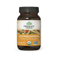 Front label of ORGANIC INDIA Ashwagandha Capsules bottle