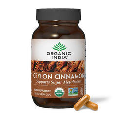 Organic India Ceylon Cinnamon supplement bottle with 90 capsules
