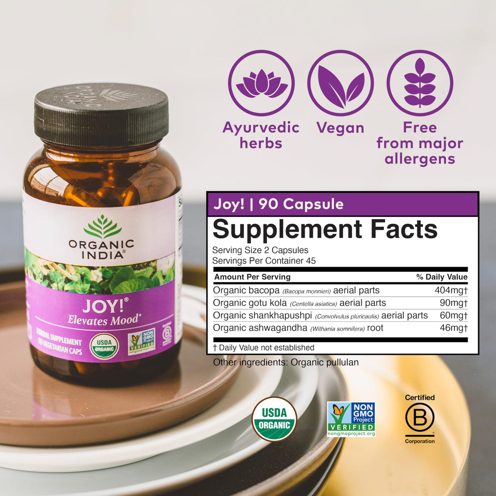 Calming wellness imagery featuring Joy herbal supplement