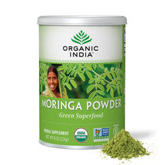 Front view of Organic India Moringa Powder 8 oz container