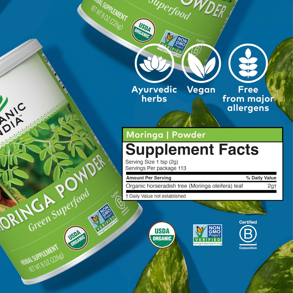 Graphic highlighting health benefits of Moringa powder