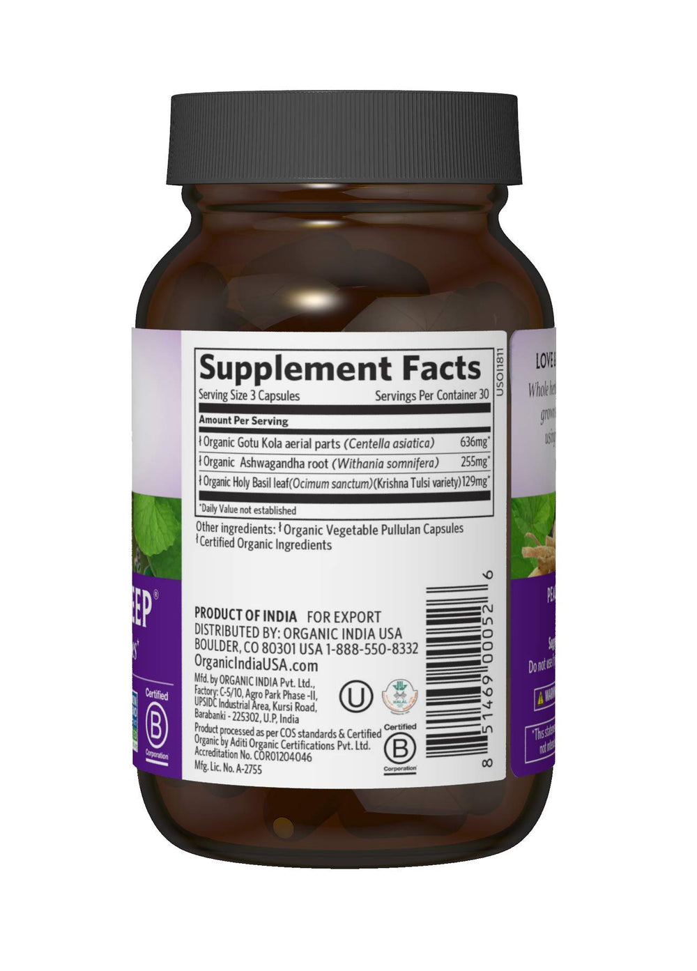 Organic India Peaceful Sleep capsules close-up illustrates natural herbal ingredients for relaxation.