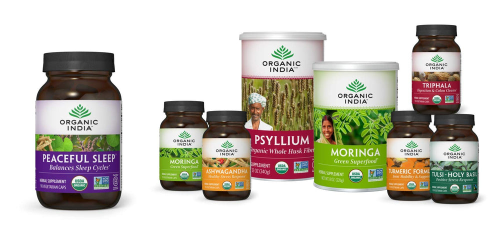 Organic India Peaceful Sleep night routine visual suggests circadian rhythm-friendly sleep.